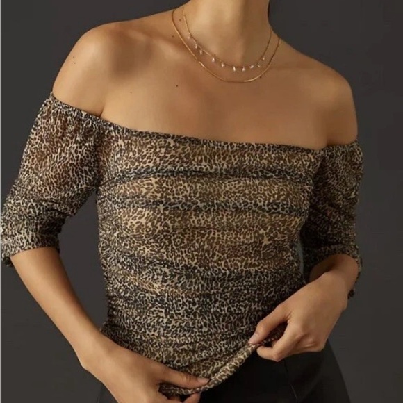 Anthropologie Leopard Print Shirred Mesh Top Size L - Picture 4 of 10
